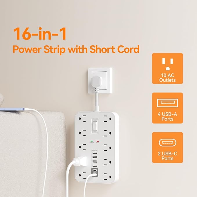 Short Extension Cord with USB and USBC Ports, Flat Outlet Extender with 10 AC Outlet 6 USB, 1 Switch & 2 LED Indicator, USB Wall Power Strip for Multiple Devices, for Home, Office, Dorm Essentials