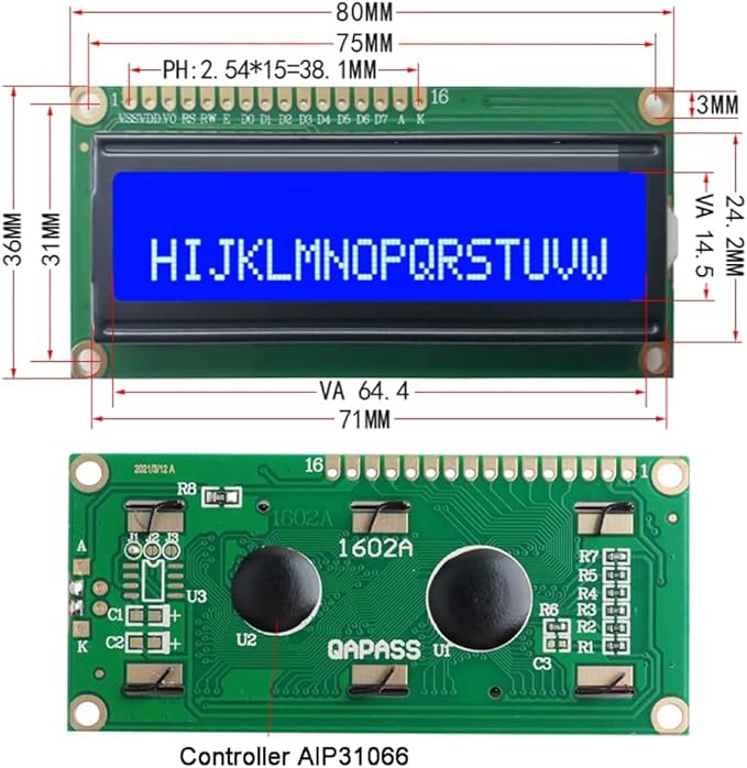 DIYmalls 1602 LCD Display Module DC 5V 16x2 White Character Blue Backlight 1602A 16 Pin Parallel Interface AIP31066 Controller for Arduino ESP32 Development Board (Pack of 2), no IIC