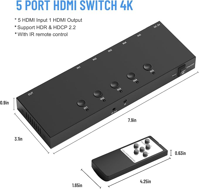 RuiPuo 5Port HDMI Switcher 4K@60Hz 5In 1Out HDMI Selector with IR Remote Supports Full HD 4K/1080P/3D & HDCP2.2 for Switch,Xbox,PS4/PS5,Fire Stick,Roku,Apple TV etc.