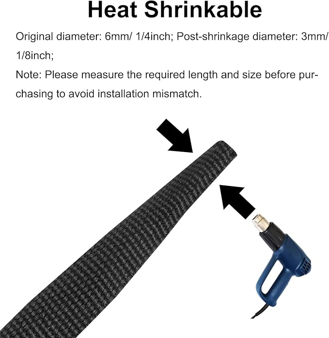 MECCANIXITY Braided Cable Sleeves Heat Shrinkable Fabric Sleeving, 1/4" 60ft Black 2:1 Ratio Heat Shrinkable Cord Protector for Harness Cable, Network Cable Protection, Cable Management