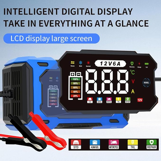 6-Amp 12V Smart Car Battery Charger, Battery Maintainer Trickle Charger with Desulfator, Pulse Repair & Overcharge Protection - for Car Lawn Mower Marine Lead-Acid Batteries (Blue)