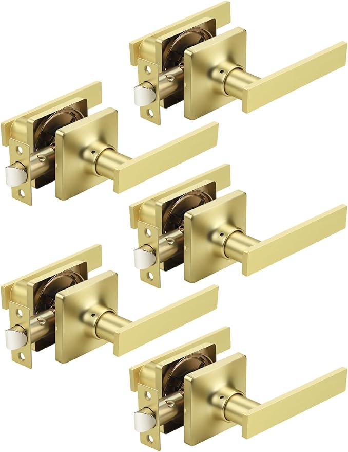 Mengico 5 Pack Passage Door Levers Gold Finish, No-Locking Keyless Square Door Knob, Interior Door Handles for Closet and Hallway, Reversible for Left & Right Handed