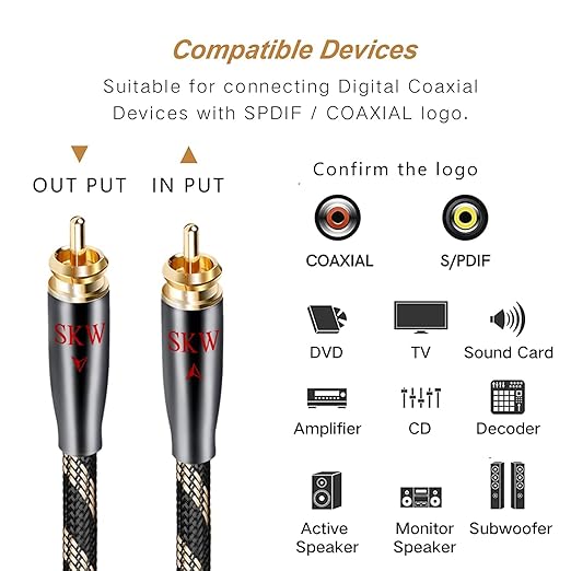 SKW Digital Coaxial Cable RCA to RCA Multiple Shield with Ultra-high Purity Copper Subwoofer Cable for HiFi Systems 9.8ft/3M