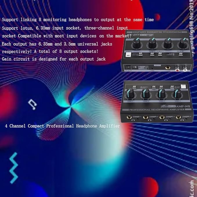 Riworal Headphone Amplifier 4 Channel Audio Amplifier Portable Splitter with 1/4"& 1/8" TRS Output Input for Dj Mixer Or Monitor Headphone for Stereo/Mono