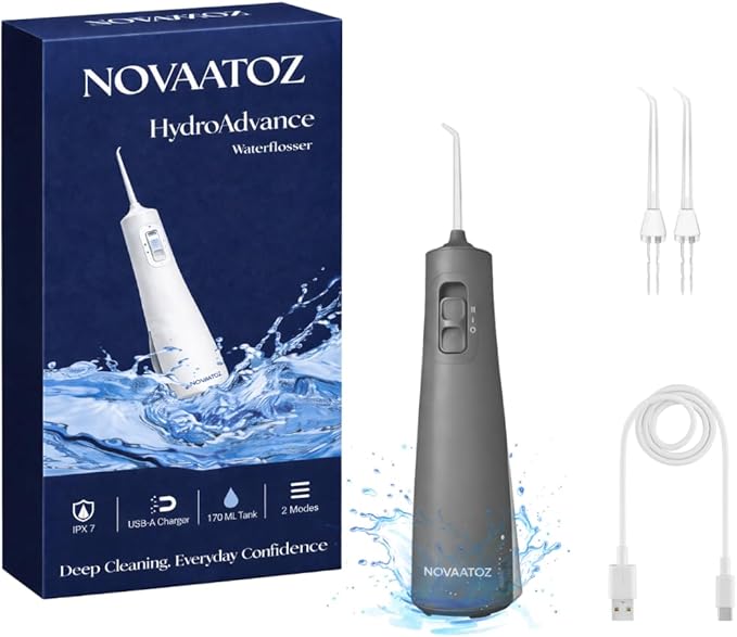 NOVAATOZ HydroAdvance Cordless Water Flosser for Teeth & Gums | Rechargeable Portable Oral Irrigator for Braces & Travel | Pulse Cleaning with 2 Flossing Tips | Waterproof Dental Care Device (Gray)