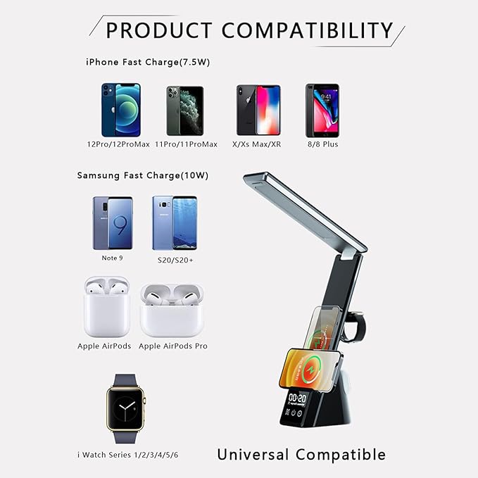 FJHBL Multifunctional Desk Lamp Wireless Charger with LED Display, Digital Clock, Alarm, and Tri-Color Lighting. Compatible with All Major Qi-Enabled Phones, Watches, and Earbuds,N61(White).