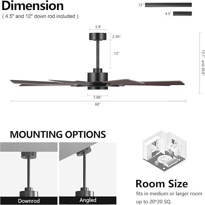 ELEHINSER 60 Inch Ceiling Fan with Lights and Remote Control, 8 Plywood Blades, 6-Speed Noiseless Reversible DC Motor, 3CCT, Windmill Ceiling fan for Kitchen Bedroom Living Room, Black and Walnut
