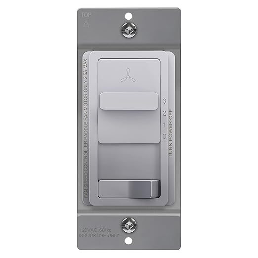 TOPGREENER Kalide Light Switch and 3-Speed Ceiling Fan Control Combo, in Wall Light and Fan Combination Switch, Single Pole, 2.5A, 720W, Neutral Wire Not Required, TGSFS3-SV, Silver