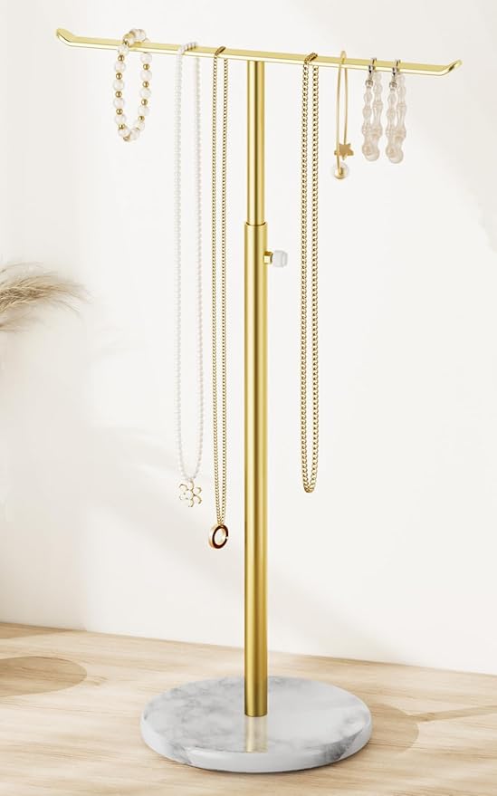 Josmimic Gold Necklace Holder Jewelry Organizer Stand – Adjustable Height T‑Bar Jewelry Display with White Marble Base, Necklace & Bracelet Holder, Countertop Jewelry Stand