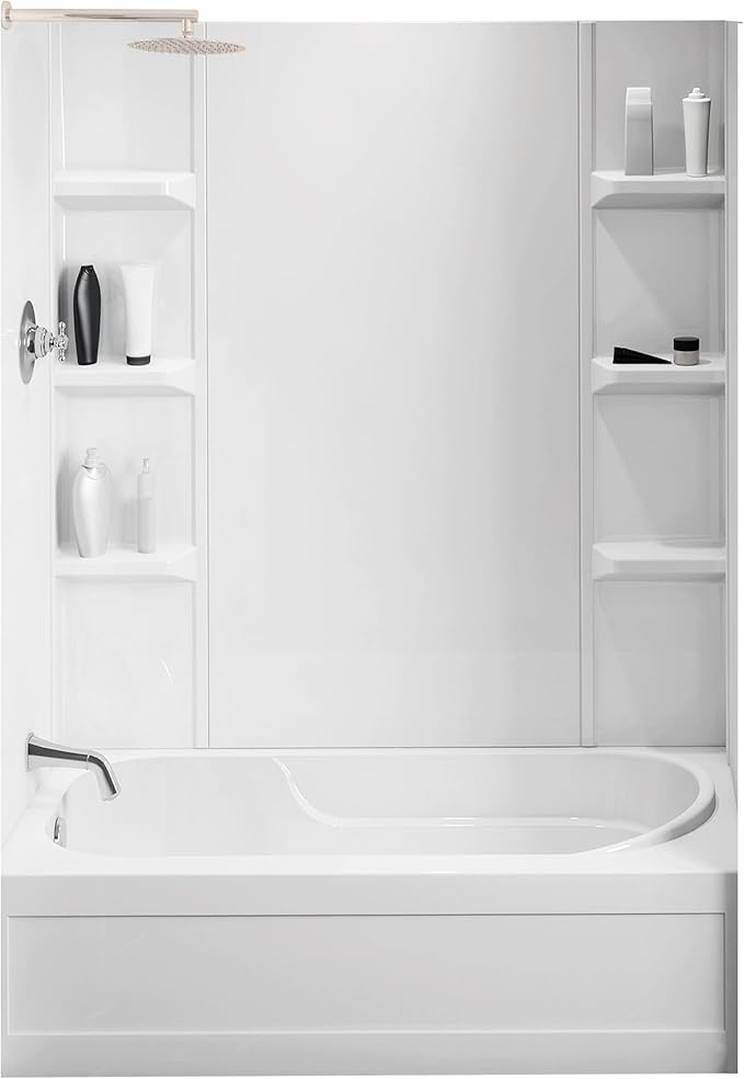 White Polystyrene Tub Wall Surround 32"x 60"x 58" - Waterproof, Easy-to-Install, Two Shelf Units Kit Included - Bathtub Wall Surround Panels - Plain Pattern, Basic Shelves - Noah William Home