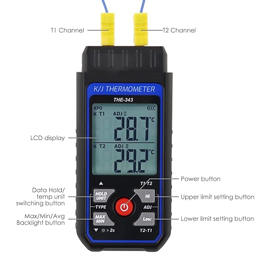 Thermocouple Thermometer Digital K Type Thermometer with 4 Thermocouples, -328~2500℉ Measuring Range HVAC Dual Channels Temperature Meter Gauge with LED Backlight & ADJ Compensation