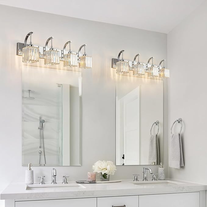 FDPBY Crystal Vanity Lights 4-Light Chrome Bathroom Vanity Lights Modern Crystal Bathroom Light Fixtures Over Mirror 32.67" Long Vanity Light for Bathroom