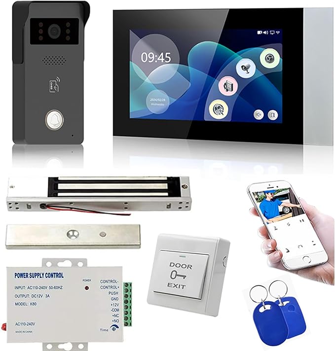 MENGQI-CONTROL Tuya Smart Office/Home Wireless WiFi Doorbell Camera Security Video Intercom for Access Control System Color Touch Screen Phone App Remote Open with Lock/Fobs/Power Supply Doorbell
