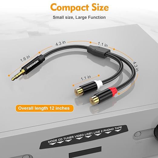 HOSONGIN RCA Female to 3.5mm Male Audio Cable (12 inch) 2 Pack, Gold-Plated Aux to 2RCA Female Adapter – Hi-Fi Stereo Y Splitter for iPhone, TV, Amp, Car, DJ Gear – Nylon Braided, Oxygen-Free Copper