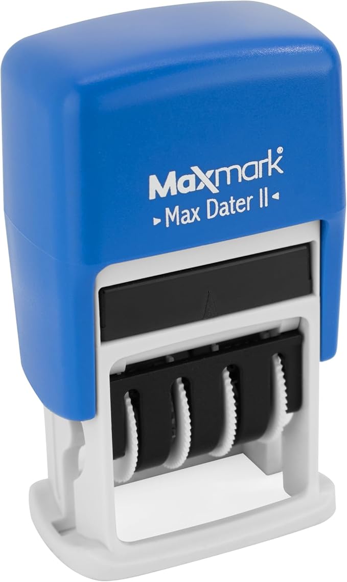 MaxMark Self-Inking Rubber Date Office Stamp with Due by Phrase & Date - Blue Ink (Max Dater II), 12-Year Band