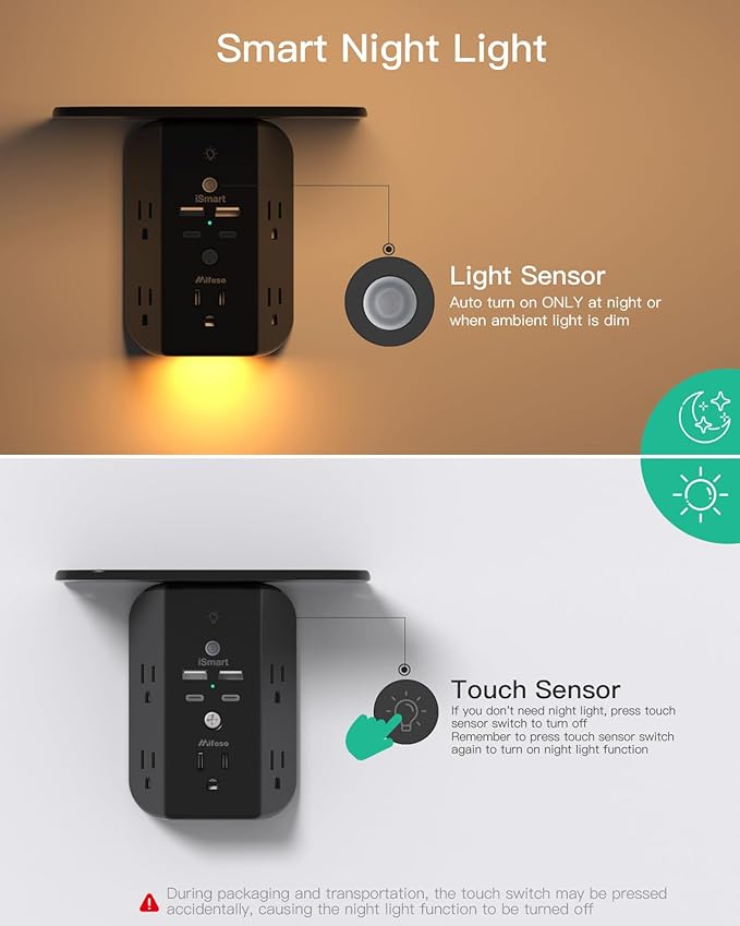 Wall Outlet Extender with Shelf and Night Light, Surge Protector, USB Wall Charger with 5 AC Outlets and 2 USB A Ports 2 USB C Ports Wide Space 3-Sided Power Strip Multi Plug Outlets, Black