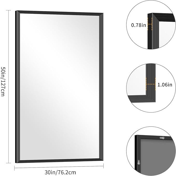 Black Bathroom Mirror 30 x 50 Inch Rectangle Wave Beveled for Wall Bathroom Vanity Mirror for Over Sink, Tempered Glass,for Entryway Hangs, Bathroom Living Room Horizontal or Vertical