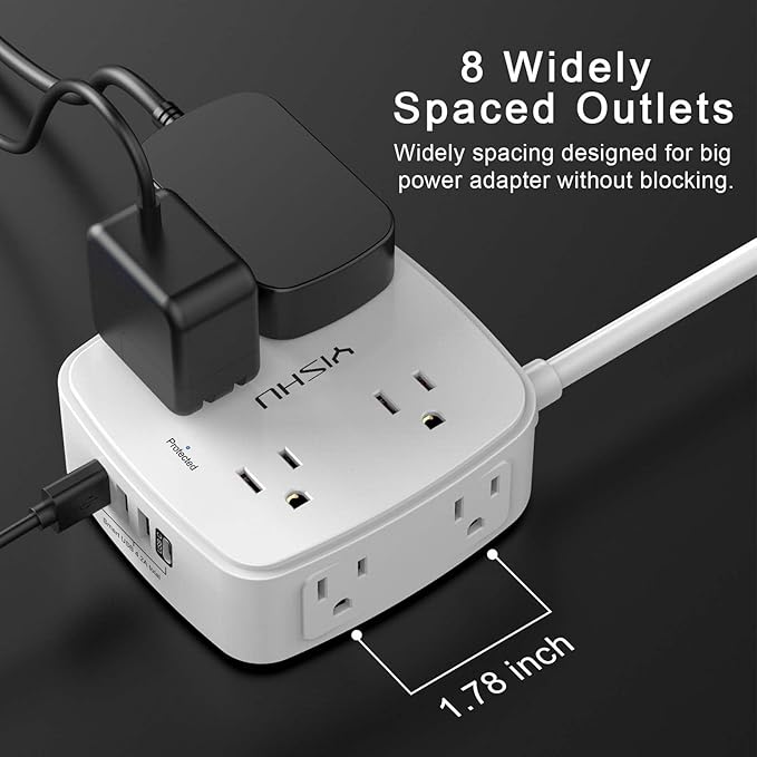 20 Ft Surge Protector Power Strip - 8 Widely Outlets with 4 USB Ports, 3 Side Outlet Extender with 20 Feet Extension Cord, Flat Plug, Wall Mount, Desk USB Charging Station, ETL, White