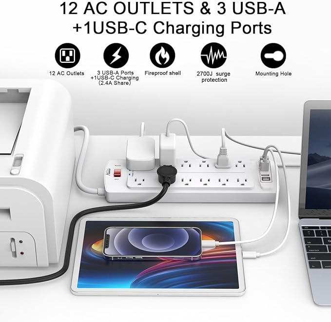 Power Strip, ALESTOR Surge Protector with 12 Outlets and 4 USB Ports, 20 Feet Extension Cord (1875W/15A), 2700 Joules, ETL Listed, White