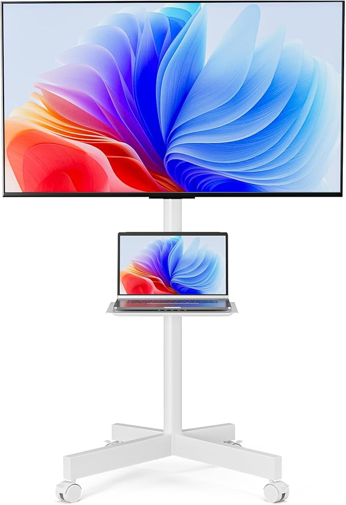 HOLMAXD Mobile TV Stand for 23-65 Inch LCD LED Flat/Curved Panel Screen TVs, Height Adjustable Rolling TV Stand with Tilt Mount and Shelf, Portable Stand Holds up to 110 lbs, Max VESA 400x400mm, White