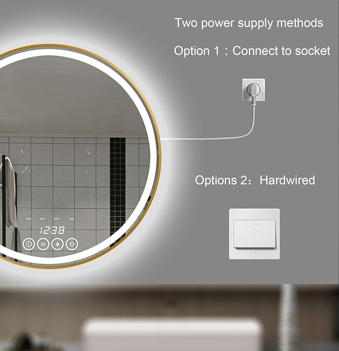 24 Inch Wall-Mounted Round Bathroom Mirror with LED-Lights - Frame Vanity Mirrors (24" x 24", Gold)