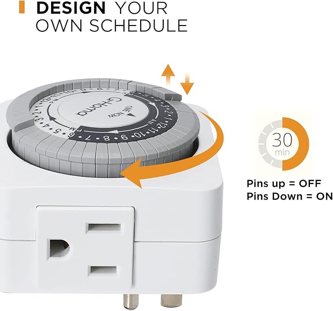 G-Homa Timers for Electrical Outlets, 24 Hour Indoor Plug-in Mechanical Timer Mini, 30 Minute Intervals, 3-Prong, Daily On/Off Cycle, for Lights, Lamps (2-Pack,ETL Listed) White