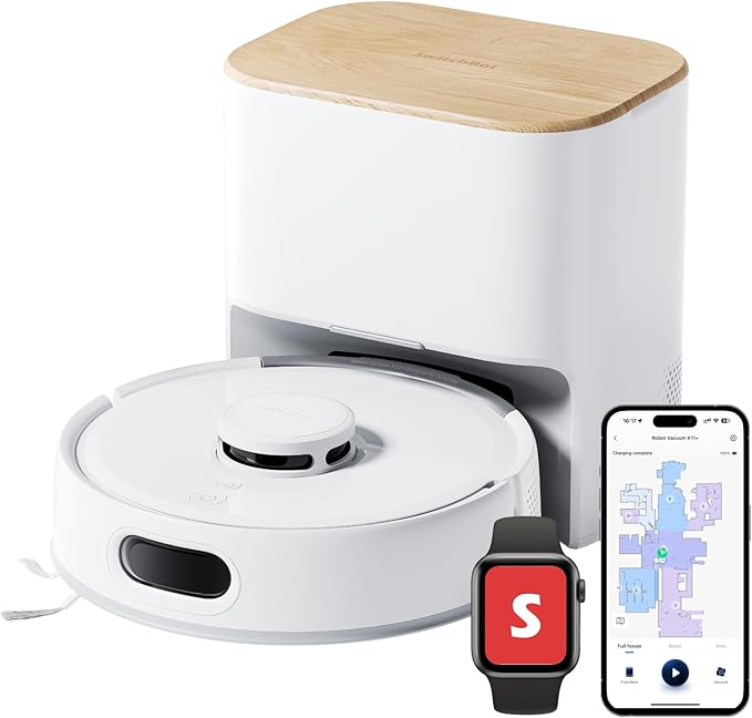 SwitchBot K11+ Robot Vacuum & Mop with Matter, 6000Pa Suction, 90-Day Hands-Free Self-Emptying, LDS Navigation, 3.6″ Ultra-Slim, Anti-Tangle for Pet Hair, Works with Alexa, Google Home, Apple Home