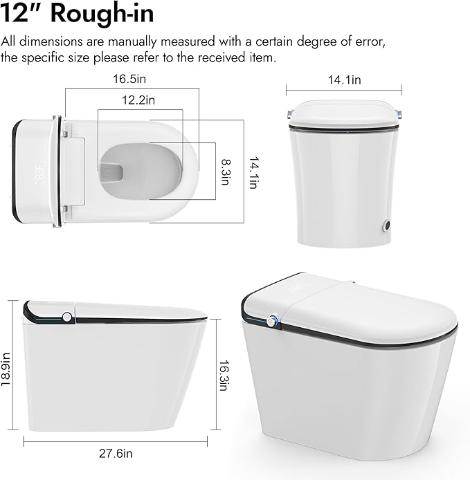 WANSID Elongated Smart Toilet With Bidet Built-in, Auto Open/Close Lid, Soft-Closed Heated Seat, Tankless Auto/Knob/Sensor/Remote Flush, Warm Wash & Dryer, Massage Clean, Gentle Night Light