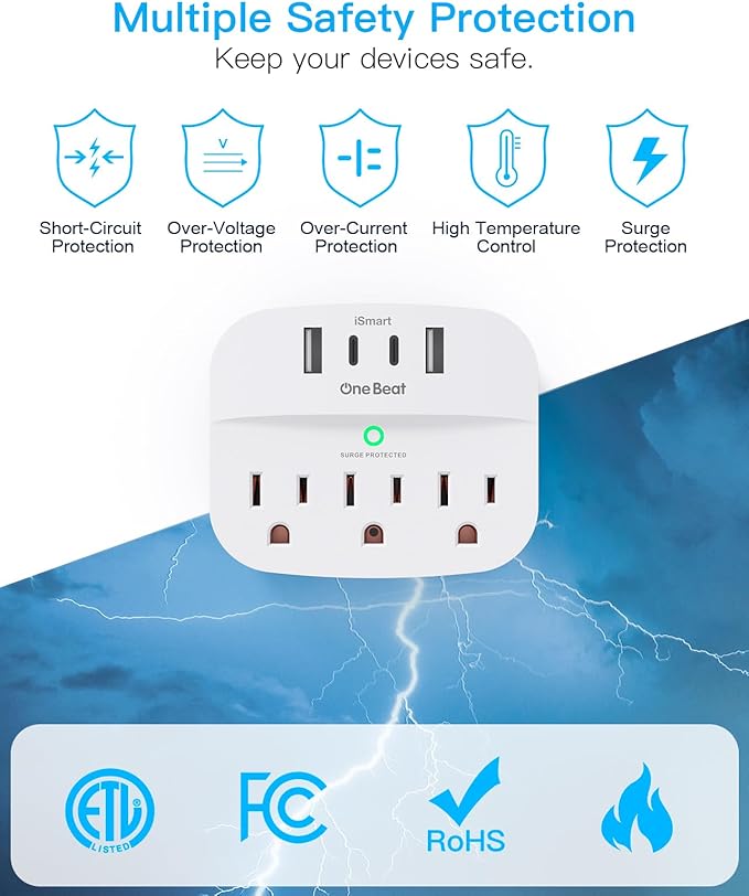 One Beat 2 Pack Multi Plug Outlet Splitter with USB,Surge Protector Outlet Extender with 3 Wall Outlets 4 USB Wall Charger(2 USB C),490 J, ETL Listed,Small Outlet Adapter Plug Extender for Travel,WH