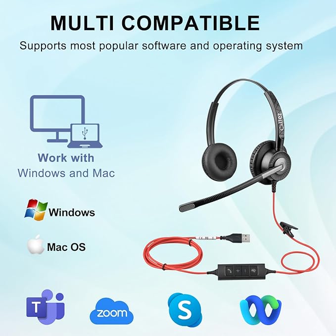 Callez Wired USB Headset with ENC Dual Noise Cancelling Mics, On-Ear Computer Headset for PC Laptop, Professional Work Headphones for Home Office Teams Skype Zoom Call Center, MS Teams Call Control