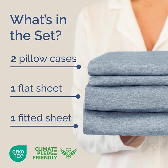 Full XL Bed Sheet Set - 4 Piece Extra Long Extended Full XL Sheets - Soft, Breathable & Cooling - Fits 8" to 16" Mattress with Deep Pockets - 54" x 80" - Wrinkle and Fade Resistant - Heathered Blue