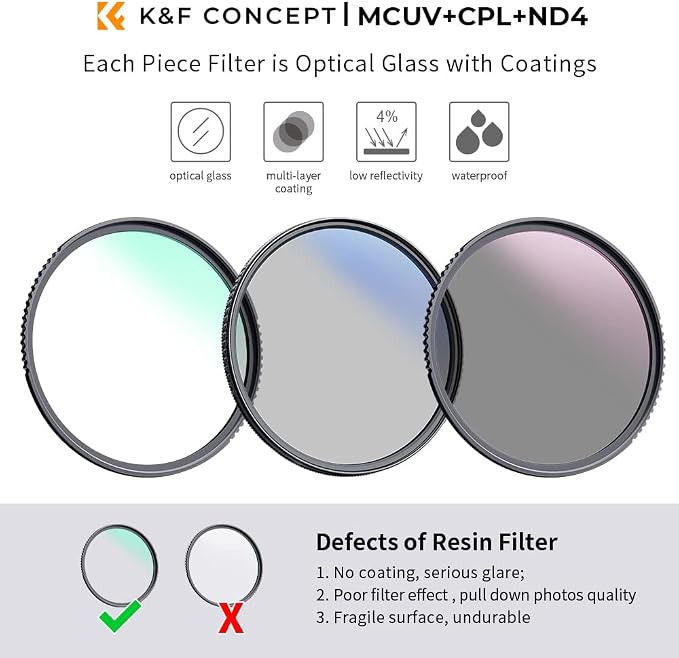 K&F Concept 52mm UV/CPL/ND Lens Filter Kit-18 Multi-Layer Coatings, UV Filter + - Image 2