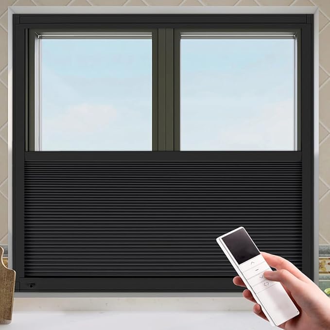 LEXEN Smart Bottom Up Honeycomb Shades - WiFi Enabled Motorized Cellular Blinds Compatible with Alexa/Google Home Easy Install Blackout Honeycomb Blinds with Aluminum Frame Customize Size-Black