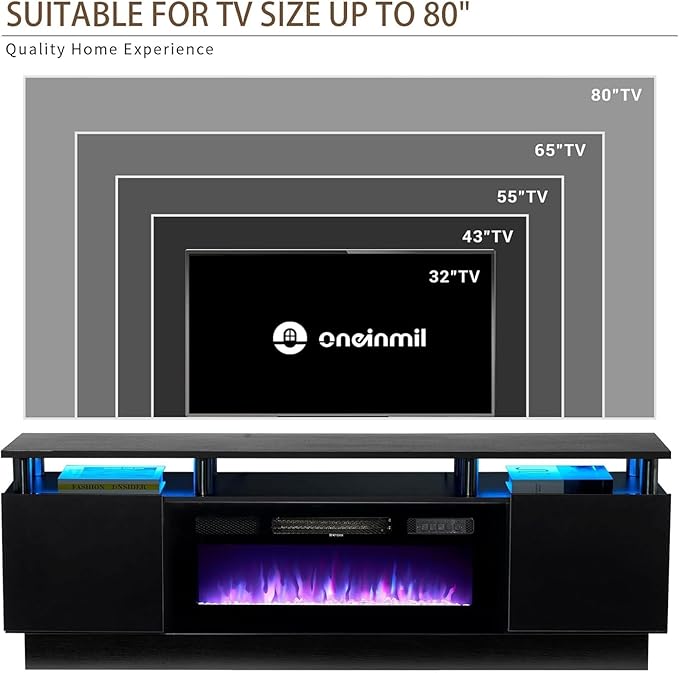 oneinmil 2 Tier TV Console Stand with 36" Electric Fireplace, LED Light Entertainment Center for TVs Up to 80" for The Living Room, 70", Black