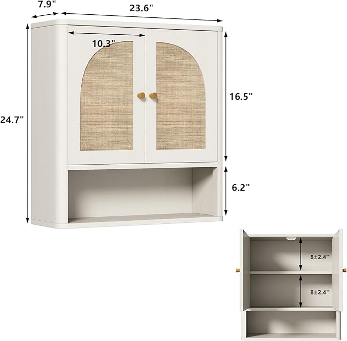 RUSTOWN Rattan Bathroom Wall Cabinet, Over The Toilet Storage Cabinets with 2 Arched Doors, Modern Medicine Cabinet with Adjustable Shelf & Rounded Edges, Mid-Century Bathroom Organization