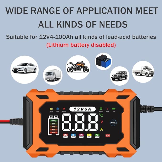 6-Amp 12V Smart Car Battery Charger, Battery Maintainer Trickle Charger with Desulfator, Pulse Repair & Overcharge Protection - for Car Lawn Mower Marine Lead-Acid Batteries (Orange)