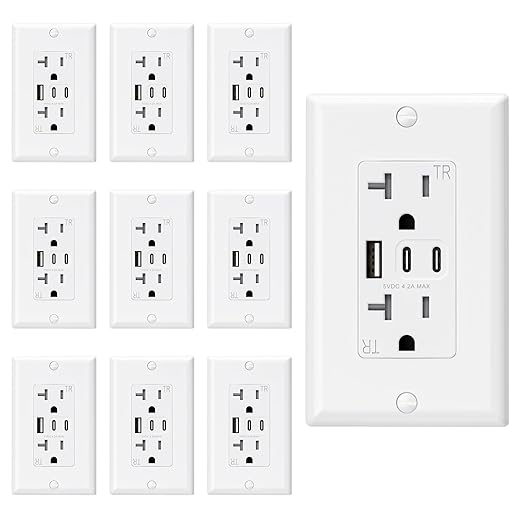 ELEGRP USB Outlets, 20 Amp Wall Outlet with 3 USB Ports, Dual USB C Ports Outlets, TR Tamper-Resistant USB Outlets Receptacles, Wall Plate Included, UL/CUL Listed, 10 Pack, White