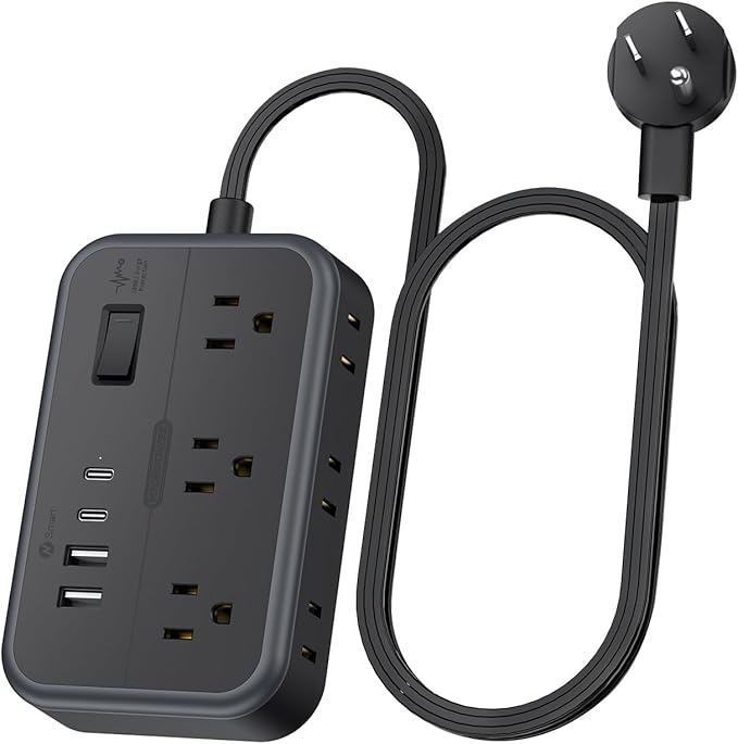 10 in 1Power Strip NTONPOWER Ultra Thin Flat Plug Extension Cord with 4 USB Ports(Include 2 USB C) Surge Protector Power Strip with Flat Cord 6 Widely Spaced Outlet(2 Side) 5 Ft Extension Cord-Black