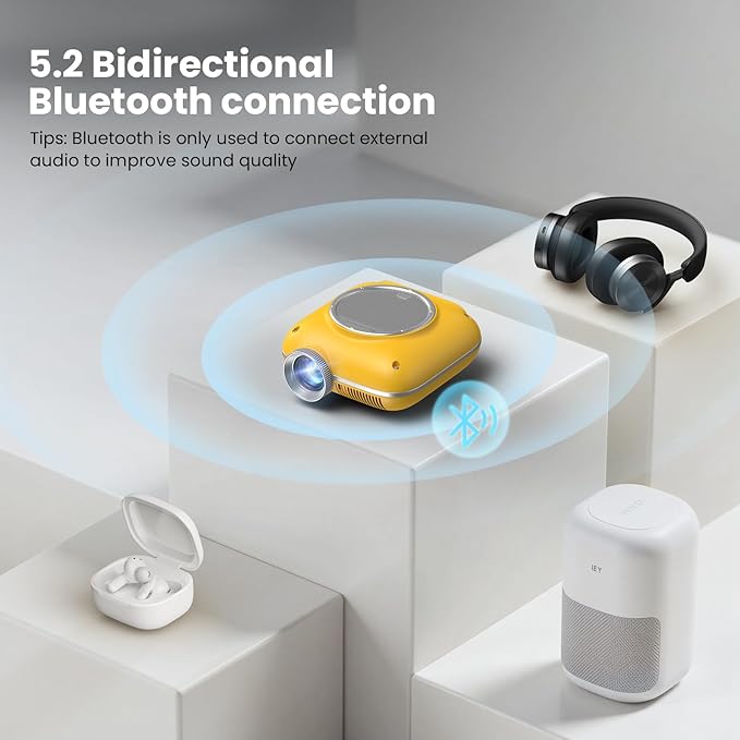HOMPOW Mini Projector with Two -Way Bluetooth, Portable Projector for Home Theater Use, Support 1080P for Outdoor Projector/Movie Projector Compatible with HDMI, USB, Laptop, TV Stick (Yellow)