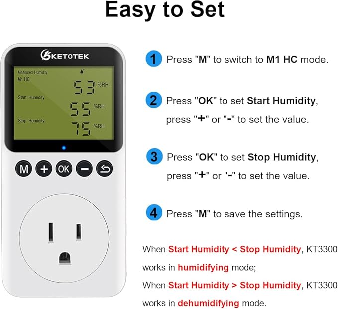 KETOTEK Digital Humidity Controller Outlet Plug with Sensor Probe, 120V Humidistat Controller Plug for Reptile Mushroom Greenhouse, Humidity Switch Outlet