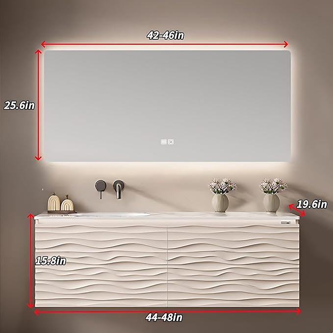 48IN Bathroom Vanity - Smart Defogging Mirror Cabinet | Waterproofing Technology & Wave Shaped Door Panel, Floating Bathroom Vanities with Large Storage Space (Mirror)