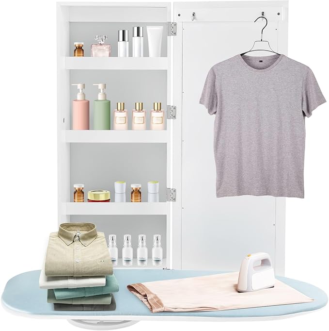Ropoana Wall Mount Ironing Board Cabinet, Built-in Swivel Ironing Board Foldable with Storage, Wall Hanging with Mirror, Foldable Iron Storage Station for Home, Apartment, Checkrooms, White