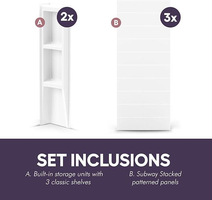 White Acrylic Tub Wall Surround 32"x 60"x 58" - Waterproof, Easy-to-Install, Two Shelf Units Kit Included - Bathtub Wall Surround Panels - Stacked Tiles Pattern, Classic Shelves - Noah William Home