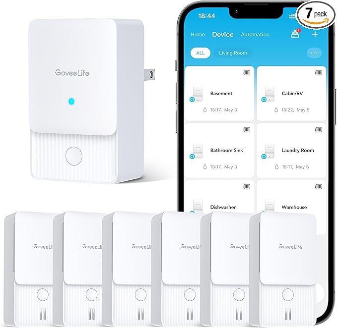 GoveeLife Premium Smart Water Leak Detector 2 with 1968ft Ultra-Long Range, WiFi Water Sensor with SMS/Email/APP Push and Sound Alarm, 5-Year Battery Life, Suitable for Home, Basement, Kitchen, 6 Pack