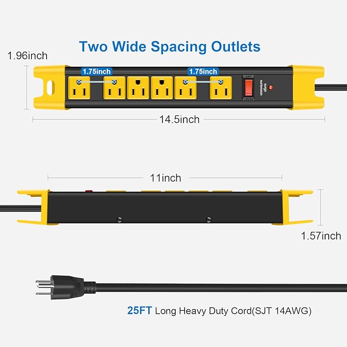 CCCEI Heavy Duty Power Strip Surge Protector - 6 Outlet Industrial Strip with 15A, 1200 Joules - ETL Listed Metal for Shop, Workshop, Garden (25FT, Black)