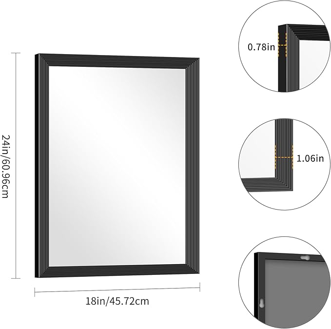 Black Bathroom Mirror 18 x 24 Inch Rectangle Wave Beveled for Wall Bathroom Vanity Mirror for Over Sink, Tempered Glass,for Entryway Hangs, Bathroom Living Room Horizontal or Vertical