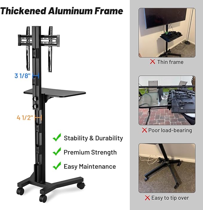 AW Rolling TV Stand Mobile TV Cart Height Adjustable for 32" to 65" LCD LED Screen TVs Office Meeting