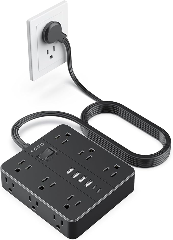 AOFO 10FT Surge Protector Power Strip,12 AC Outlets with 6 USB Ports (2 USB-C), Flat Plug Extension Cord with Multiple Outlets, Wall Mount for Home Office,Dorm,Black