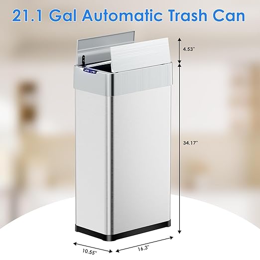 TLSUNNY 21.1 Gallon Automatic Trash Can, Stainless Steel Motion Sensor Garbage bin, Smart Trash Can W/Butterfly Lid, Bag Retainer Ring and Display Light for Living Room,Kitchen,Office (Silver, 80L)