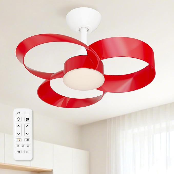 FANX 22 Inch Ceiling Fan with Light and Remote, Quiet DC Motor, Dimmable LED, Reversible 3-Speed Control, Easy Installation Flush Mount Fan for Small Rooms (Red)